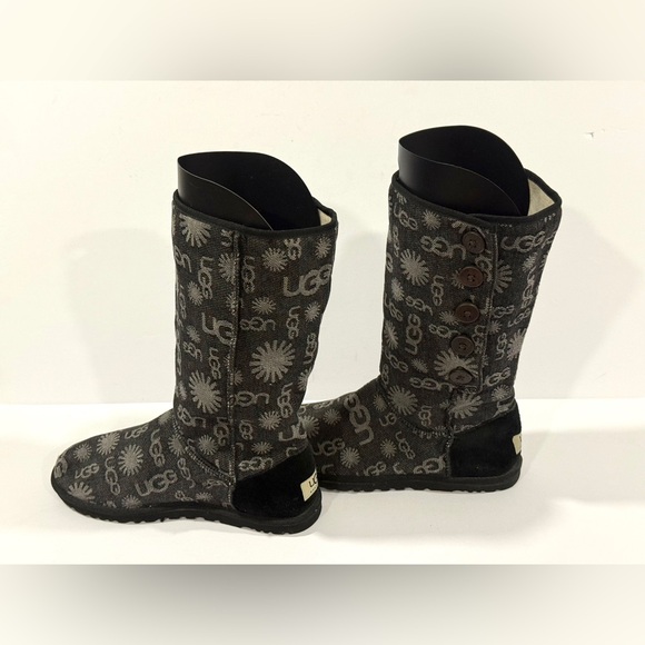 UGG Australia Tall Logo Knit Button Boots Women’s 8 Black Gray Shearling - Picture 6 of 14